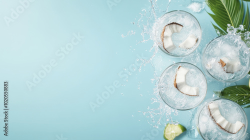 Refreshing coconut water splashes in clear glasses, surrounded by tropical leaves and lime. Perfect for summer drink or beach party vibe