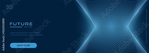 Dark blue futuristic promotion banner design. Abstract modern technology background with light blue high-tech and scientific pattern. Advertising vector illustration.