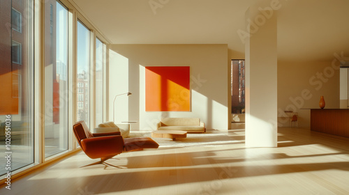 A modern living room featuring large windows that allow natural light to flood space  highlighting minimalist furniture and warm tones. vibrant orange artwork adds pop of color to serene atmosphere