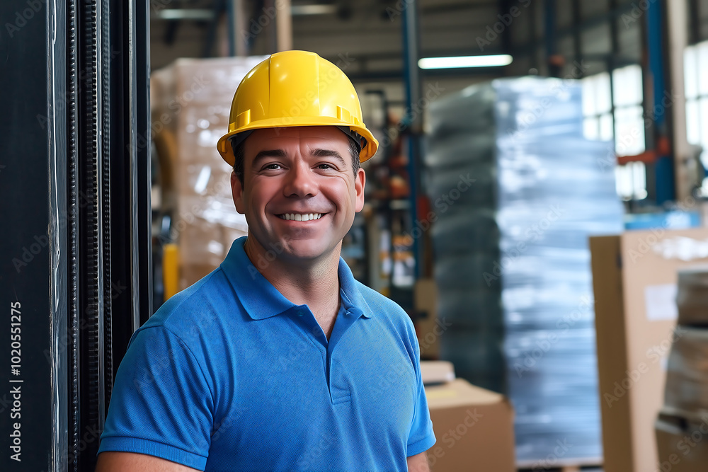Smiling Worker in Hard Hat Standing in Warehouse, Reflecting Professionalism and Job Satisfaction in Industrial Setting