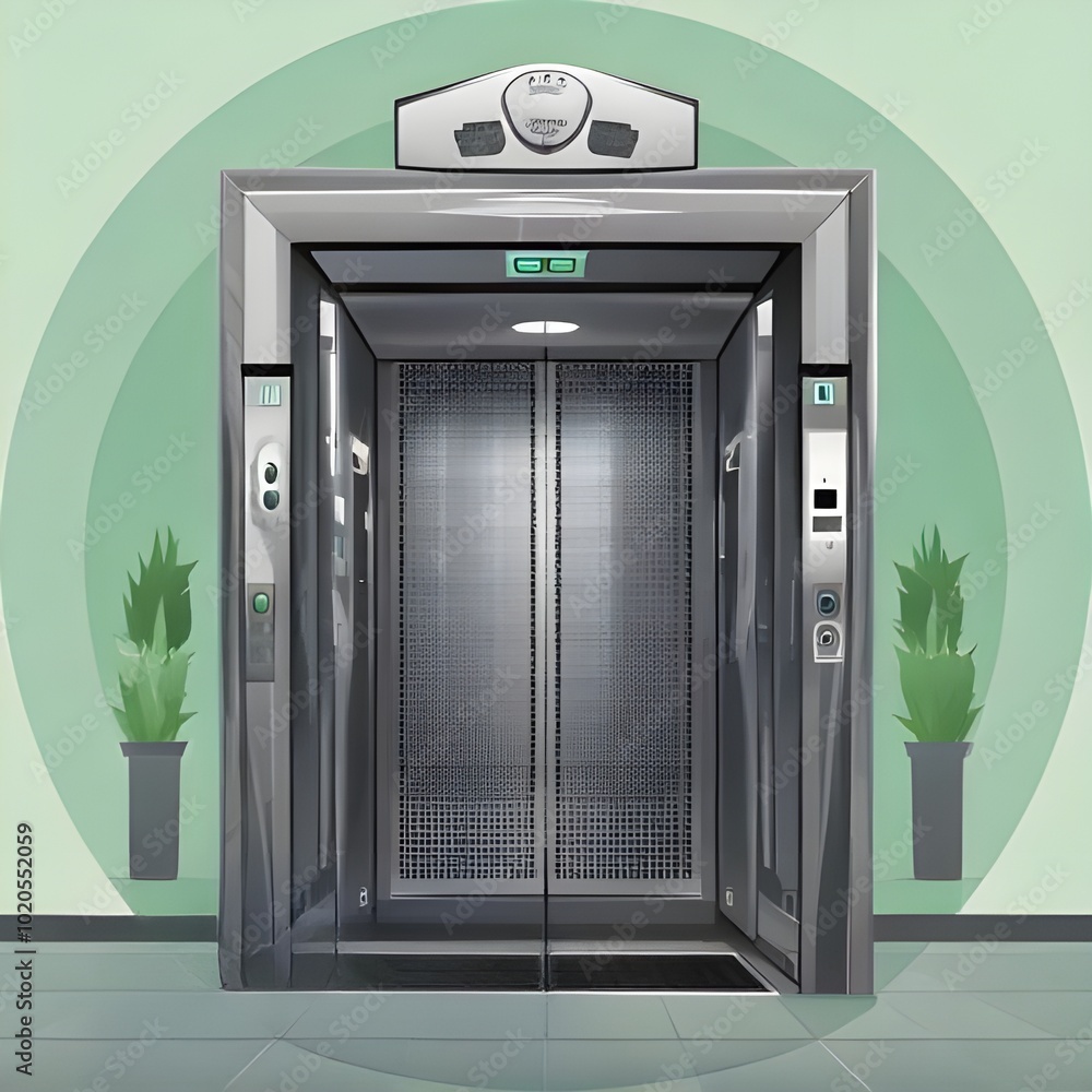 An illustration depicting an elevator featuring a button located on its door. An illustration depicting an elevator featuring a button located on its door.