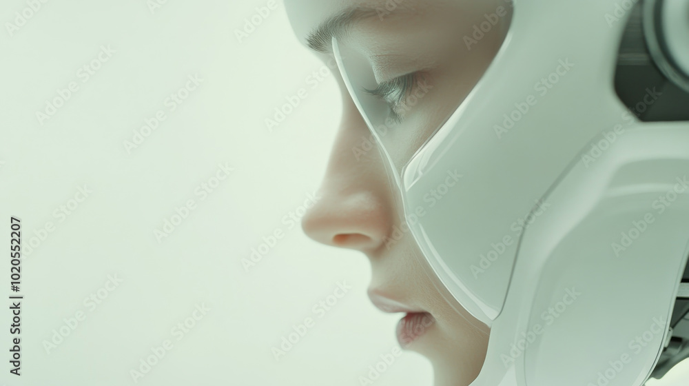 A futuristic close up of humanoid robots face, showcasing sleek design and advanced technology. smooth contours and reflective surface evoke sense of innovation and curiosity A futuristic close up of humanoid robots face, showcasing sleek design and advanced technology. smooth contours and reflective surface evoke sense of innovation and curiosity