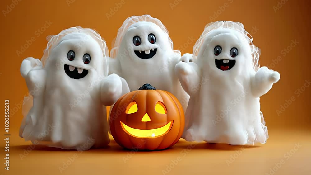 Cute ghost dancing fun with a pumpkin. Created with generative AI. Cute ghost dancing fun with a pumpkin. Created with generative AI.