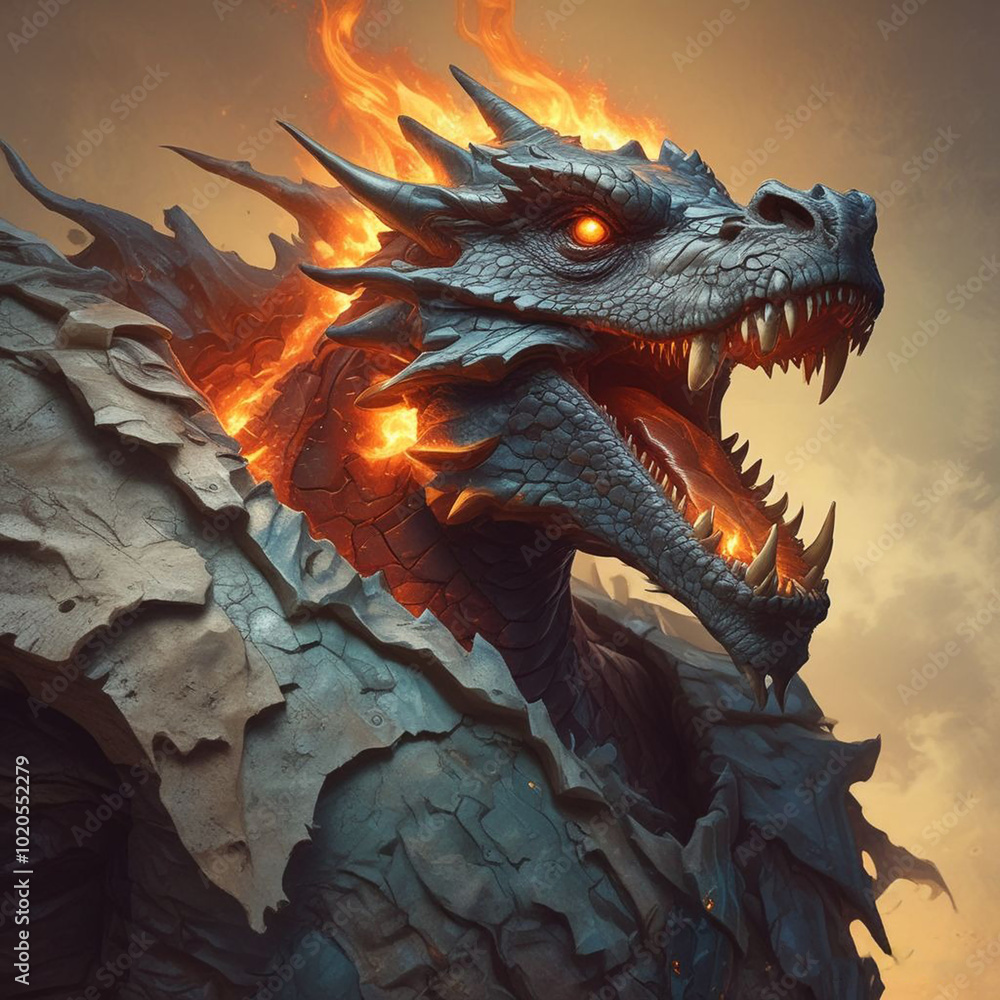 Realistic illustration of dragon heat with skin pattern and flame of orange fire. Realistic illustration of dragon heat with skin pattern and flame of orange fire.