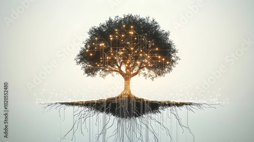 minimalistyczna, drzewo, obwody, technologia, symbolika, cyfrowa przyszłość, rozwój, połączenia, korzenie, kable danych, wzrost, technologiczne gałęzie, organiczne, cyfrowe, innowacje, prostota, abstr