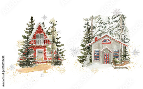 Watercolor winter landscape, village. Hand painted christmas forest with cozy houses, fir tree, snow, snowflakes, fir tree. New year forest illustration for card design, print, poster