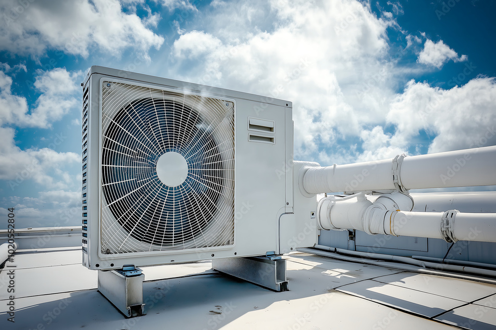 Rooftop Air Conditioning Unit on Industrial Building Under Clear Sky, Highlighting HVAC System Rooftop Air Conditioning Unit on Industrial Building Under Clear Sky, Highlighting HVAC System