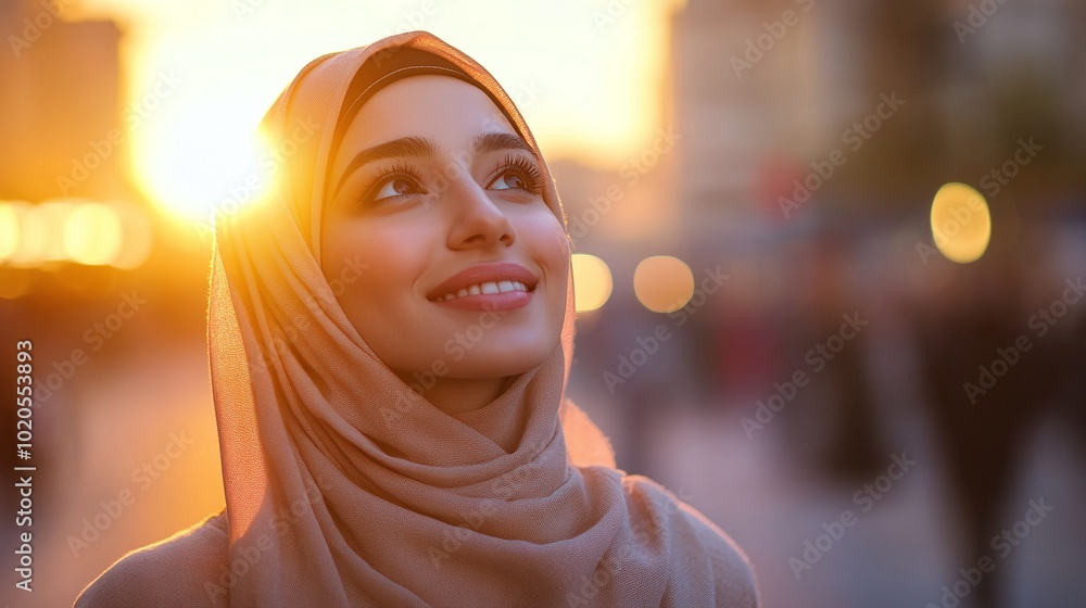 young middle eastern woman in a hijab posing outdoors at sunset on urban streets looking up with a peaceful smile capturing her charm and the hope she feels while embracing the city atmosphere young middle eastern woman in a hijab posing outdoors at sunset on urban streets looking up with a peaceful smile capturing her charm and the hope she feels while embracing the city atmosphere