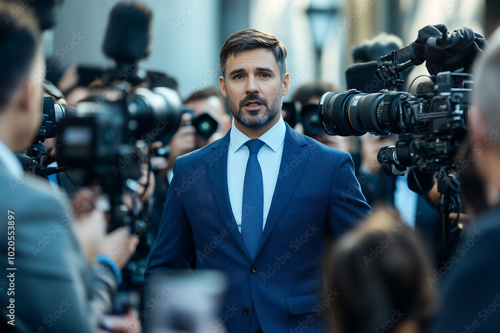 Confident Male Public Figure Facing a Crowd of Journalists and Cameras, Giving a Statement Outdoors Confident Male Public Figure Facing a Crowd of Journalists and Cameras, Giving a Statement Outdoors