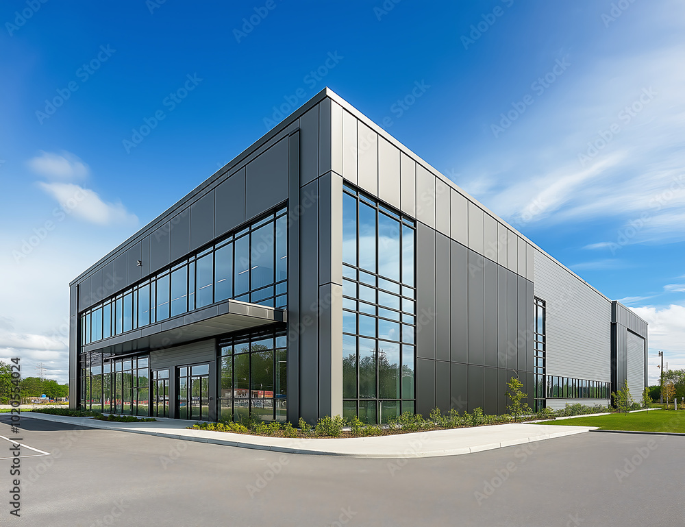 Modern Industrial Building Exterior with Large Windows, Highlighting Contemporary Architectural Design Modern Industrial Building Exterior with Large Windows, Highlighting Contemporary Architectural Design