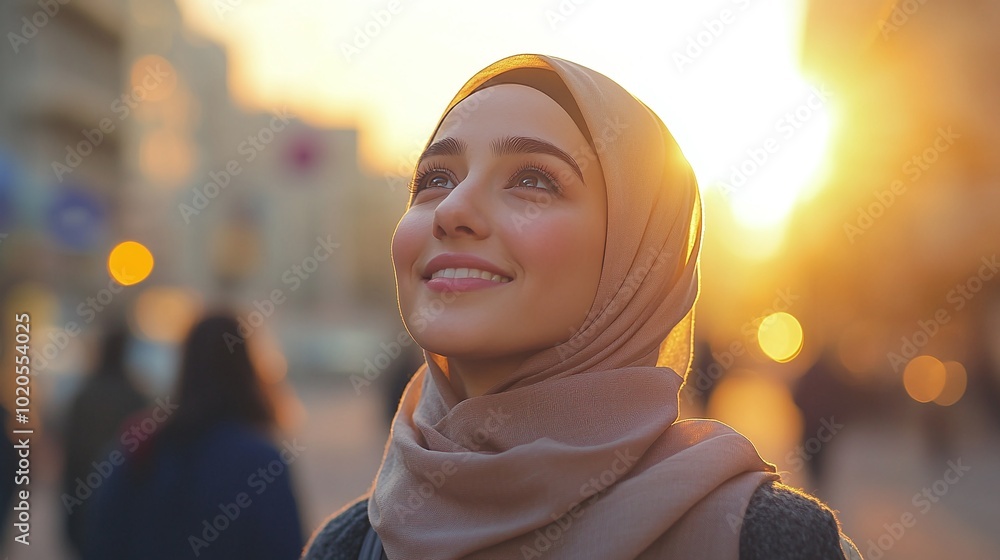 young middle eastern woman in a hijab posing outdoors at sunset on urban streets looking up with a peaceful smile capturing her charm and the hope she feels while embracing the city atmosphere young middle eastern woman in a hijab posing outdoors at sunset on urban streets looking up with a peaceful smile capturing her charm and the hope she feels while embracing the city atmosphere