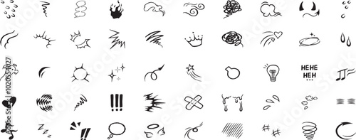 Anime emotion effects set. Line movement elements, comic emotive symbols. Hand drawn cute doodle emphasis, expression signs, action lines, exclamation marks. Manga cartoon boom explode, bomb explosion