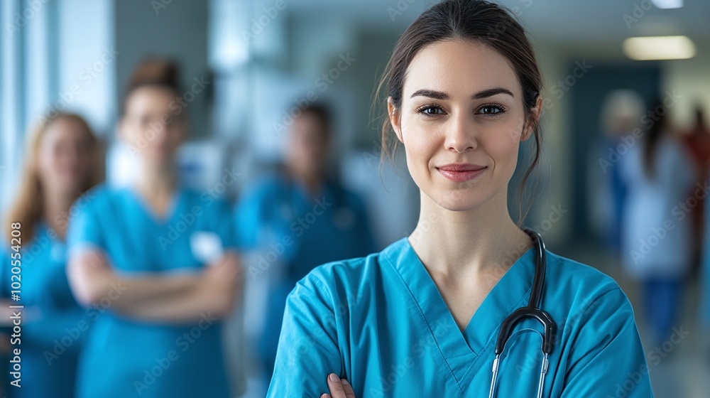 hospital nurse standing in a ward with a friendly and confident expression looking at the camera while her colleagues work in the background creating a supportive and caring healthcare environment hospital nurse standing in a ward with a friendly and confident expression looking at the camera while her colleagues work in the background creating a supportive and caring healthcare environment