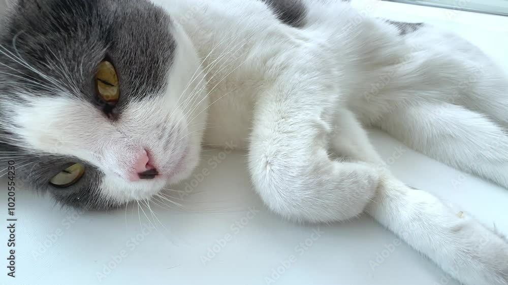 Close up sad Scottish fold cat lying on vet's examination table, veterinary services, pet healthcare, animal welfare campaigns. Slow motion footage Close up sad Scottish fold cat lying on vet's examination table, veterinary services, pet healthcare, animal welfare campaigns. Slow motion footage