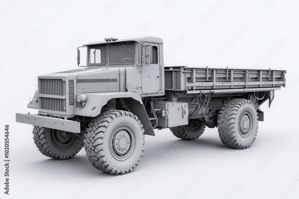 Detailed gray model of a rugged truck displayed on a plain background showcasing its design Detailed gray model of a rugged truck displayed on a plain background showcasing its design