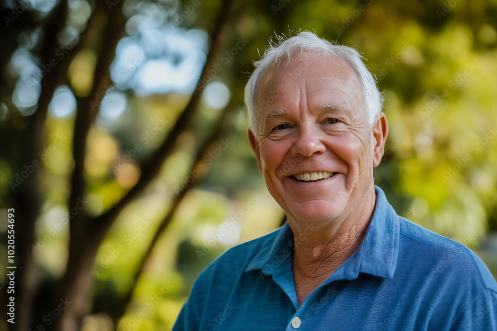 Cheerful Elderly Man Smiling Outdoors in Sunny Park Setting Cheerful Elderly Man Smiling Outdoors in Sunny Park Setting
