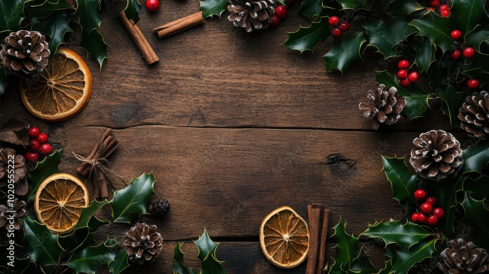 Warm holiday arrangement with holly branches, pinecones, and cinnamon on a rustic table for a cozy and inviting Christmas atmosphere. Christmas Warm holiday arrangement with holly branches, pinecones, and cinnamon on a rustic table for a cozy and inviting Christmas atmosphere. Christmas