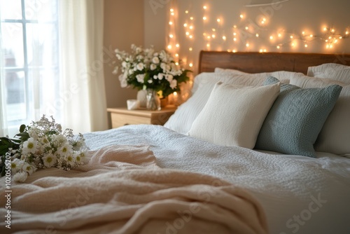 cozy bedroom decor, a tranquil bedroom featuring cozy linens, fairy lights, and a floral bouquet on the nightstand for a calming ambiance