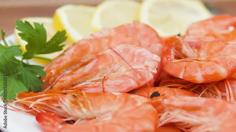 Circular movement of the camera around the plate with shrimp, lemon and parsley. High quality 4k footage Circular movement of the camera around the plate with shrimp, lemon and parsley. High quality 4k footage