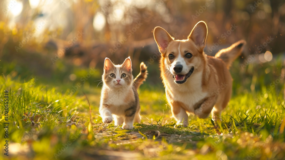 Fototapeta premium Corgi and kitten walking together on a sunny path