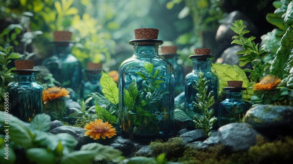 Natural Medicine Bottles with Green Herbs Under Soft Lighting Natural Medicine Bottles with Green Herbs Under Soft Lighting
