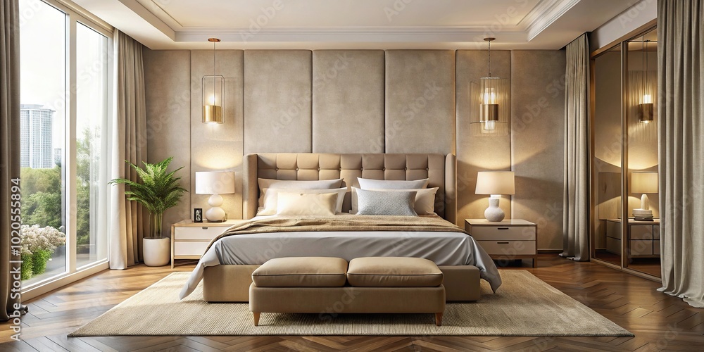 Forced perspective contemporary luxury elegance designed bedroom with beige bed soft bedding and warm sunlit ambiance Forced perspective contemporary luxury elegance designed bedroom with beige bed soft bedding and warm sunlit ambiance