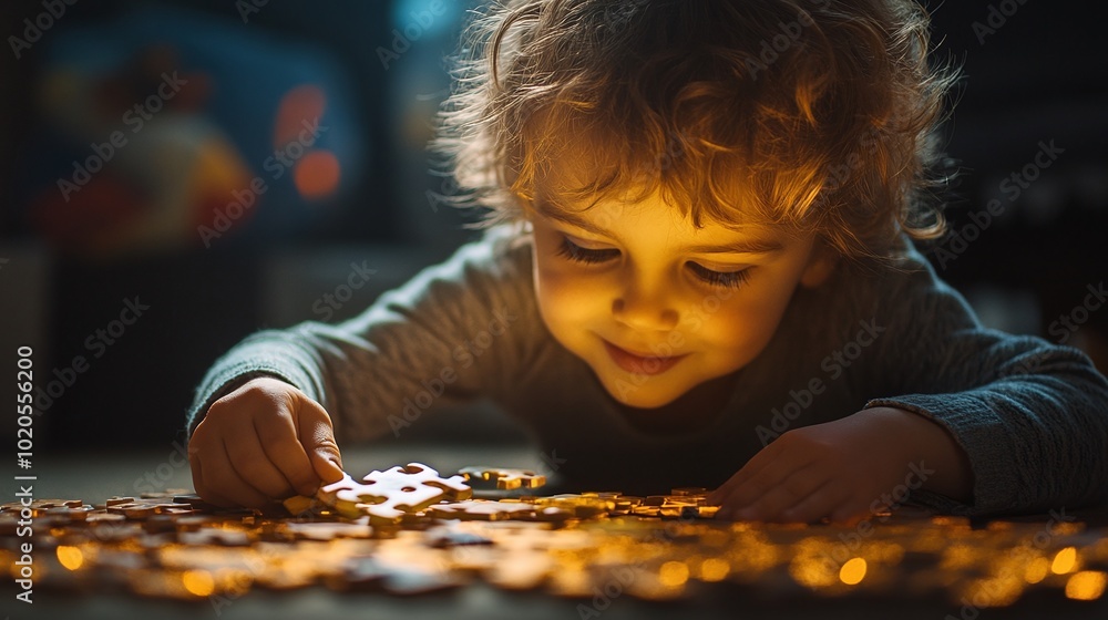 happy child playing with puzzle pieces using focus and concentration to solve the challenge of the game promoting early childhood development and learning through play happy child playing with puzzle pieces using focus and concentration to solve the challenge of the game promoting early childhood development and learning through play