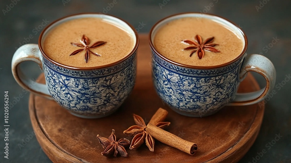 Two steaming cups of masala chai with cinnamon and star anise, viewed from above, perfect for winter immunity. Two steaming cups of masala chai with cinnamon and star anise, viewed from above, perfect for winter immunity.