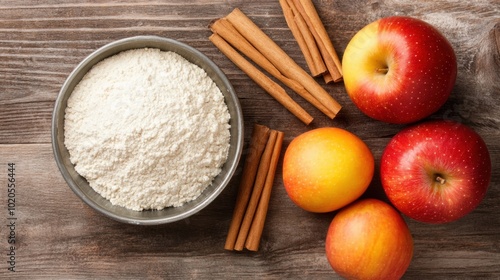 Gathering essential baking ingredients like flour, apples, and cinnamon sticks for a delicious homemade apple pie