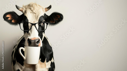 Illustration of a cow in cartoon style, a cow in beautiful glasses, unusual illustration, white background for advertising. photo