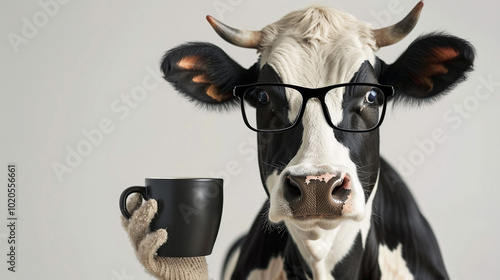 Illustration of a cow in cartoon style, a cow in beautiful glasses, unusual illustration, white background for advertising. photo