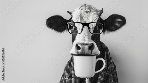 Illustration of a cow in cartoon style, a cow in beautiful glasses, unusual illustration, white background for advertising. photo