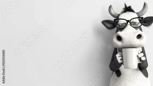 Illustration of a cow in cartoon style, a cow in beautiful glasses, unusual illustration, white background for advertising. photo