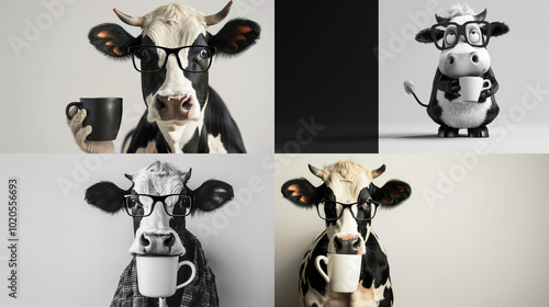 Illustration of a cow in cartoon style, a cow in beautiful glasses, unusual illustration, white background for advertising. photo