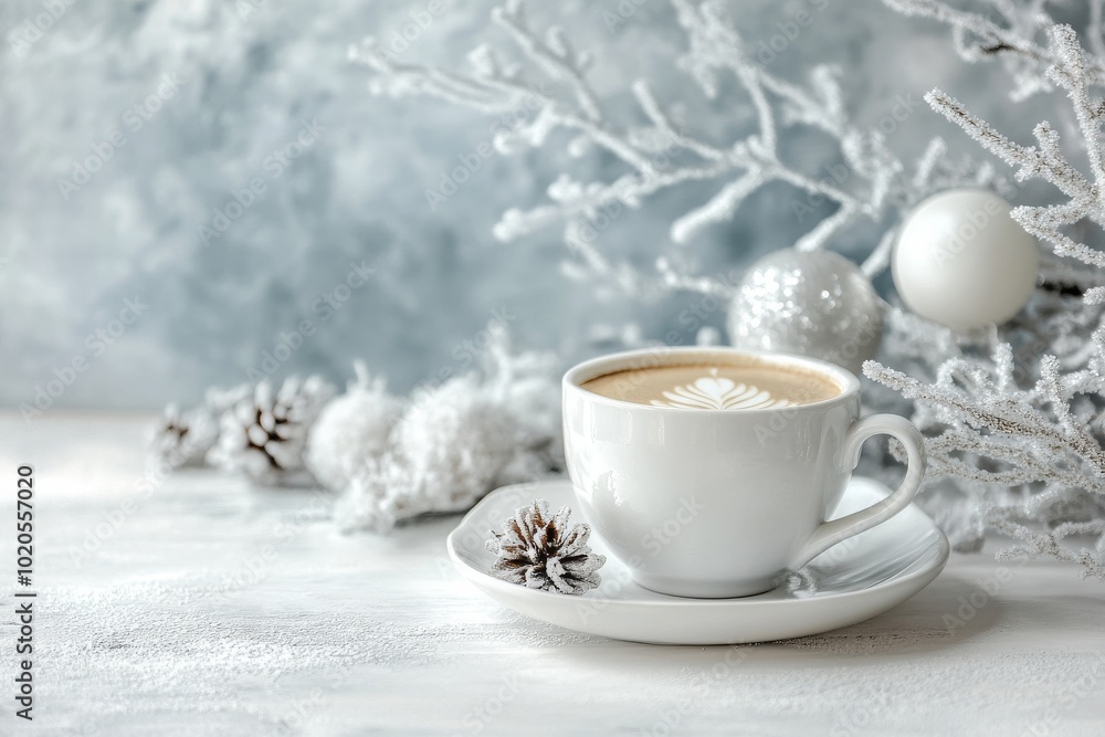 A winter-themed coffee product with white and silver decorations on a bright minimalist table A winter-themed coffee product with white and silver decorations on a bright minimalist table