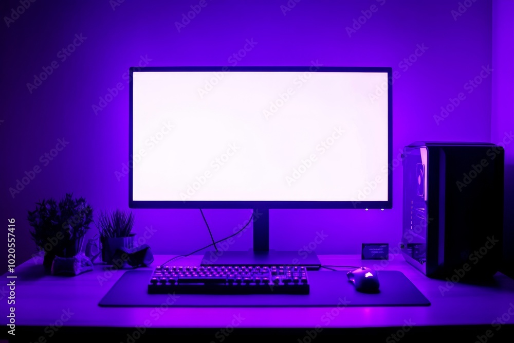 The gaming setup on the desk contains a gaming PC, headset, keyboard, mouse, joypad, and a purple led light. The monitor is isolated for mockup purposes. The gaming setup on the desk contains a gaming PC, headset, keyboard, mouse, joypad, and a purple led light. The monitor is isolated for mockup purposes.