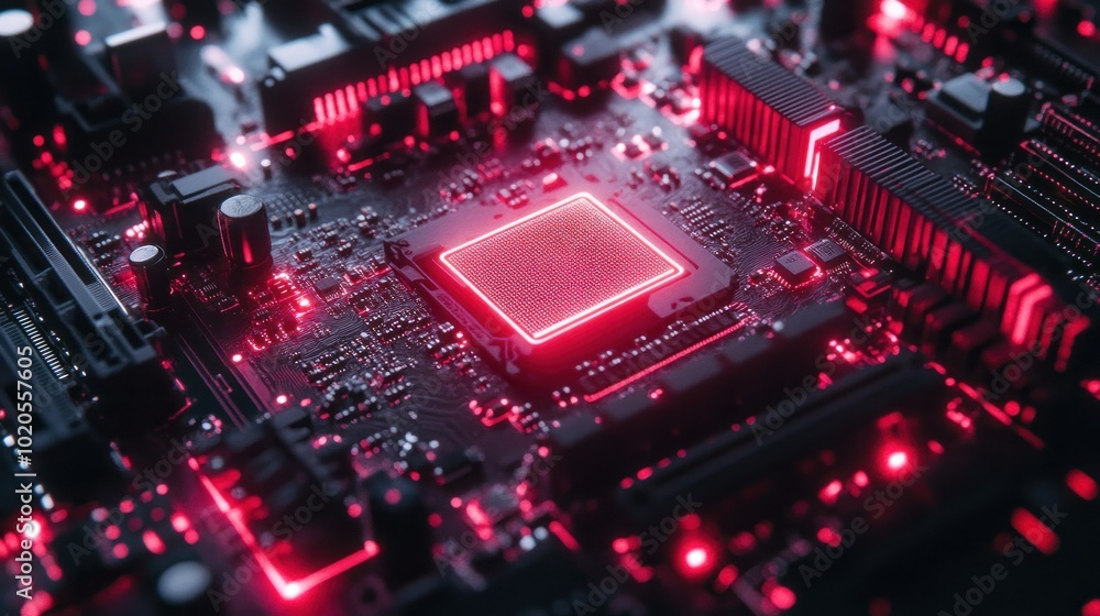 Close-up of a Computer Motherboard with a Glowing Red CPU Close-up of a Computer Motherboard with a Glowing Red CPU