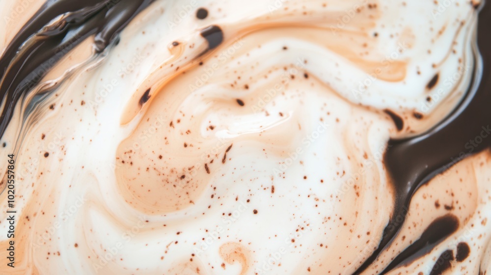 Fototapeta premium Swirling patterns of melted chocolate blend seamlessly with creamy tones, creating an enticing abstract backdrop perfect for food-related visuals