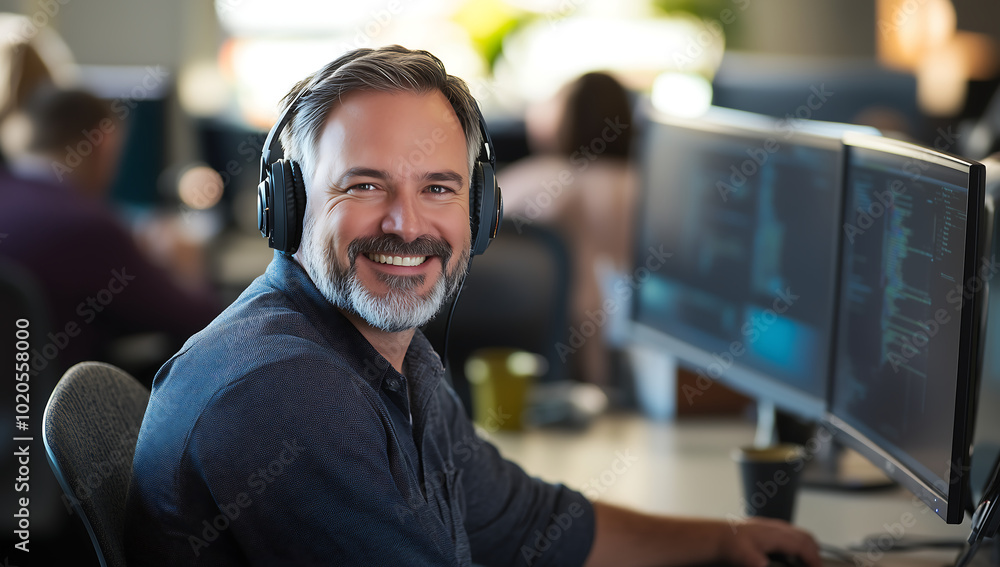 Smiling Professional Software Developer Working in a Modern Office with Multiple Monitors Smiling Professional Software Developer Working in a Modern Office with Multiple Monitors