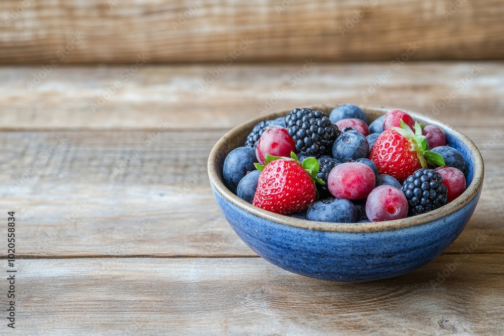 A bowl of fresh berries on a wooden table A bowl of fresh berries on a wooden table