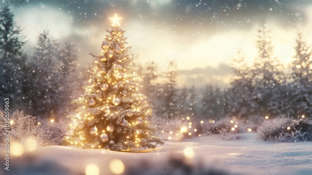 Realistic 3D Christmas tree with glowing lights and oversized ornaments in a snowy landscape under a moonlit sky for a magical holiday scene. Christmas Realistic 3D Christmas tree with glowing lights and oversized ornaments in a snowy landscape under a moonlit sky for a magical holiday scene. Christmas