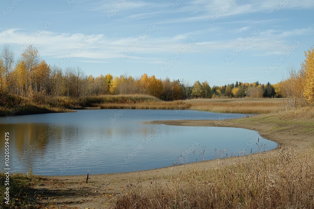 Nestled in the heart of nature, a calm, reflective lake mirrors the vibrant hues of autumn Nestled in the heart of nature, a calm, reflective lake mirrors the vibrant hues of autumn