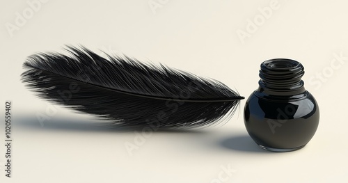 Feather and Bottle of Ink on a Beige Background