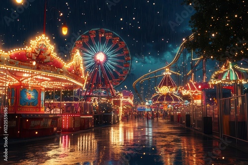 Vibrant carnival scene with rides, games, and colorful lights at night