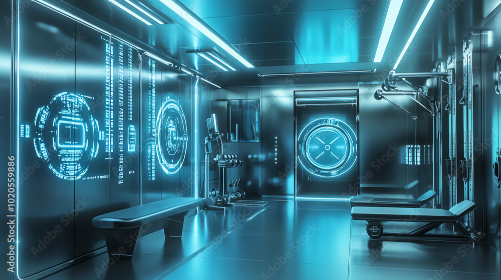 Futuristic high-tech room with glowing blue accents and digital interfaces, ideal for science fiction scenes and technology themes. Futuristic high-tech room with glowing blue accents and digital interfaces, ideal for science fiction scenes and technology themes.