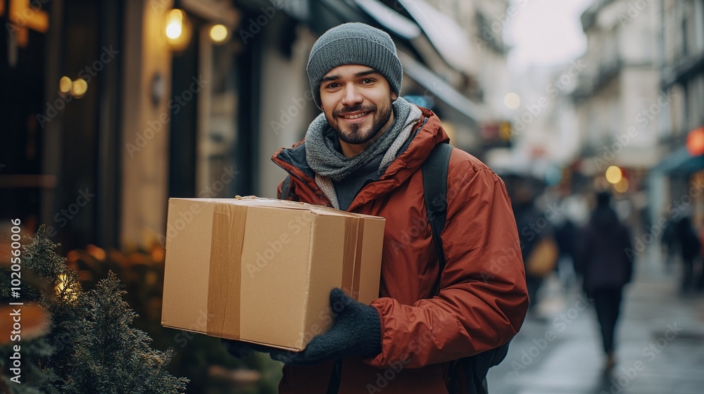 delivery man providing excellent customer service while delivering a package to a customer's doorstep holding the parcel box with care and professionalism during the delivery process delivery man providing excellent customer service while delivering a package to a customer's doorstep holding the parcel box with care and professionalism during the delivery process