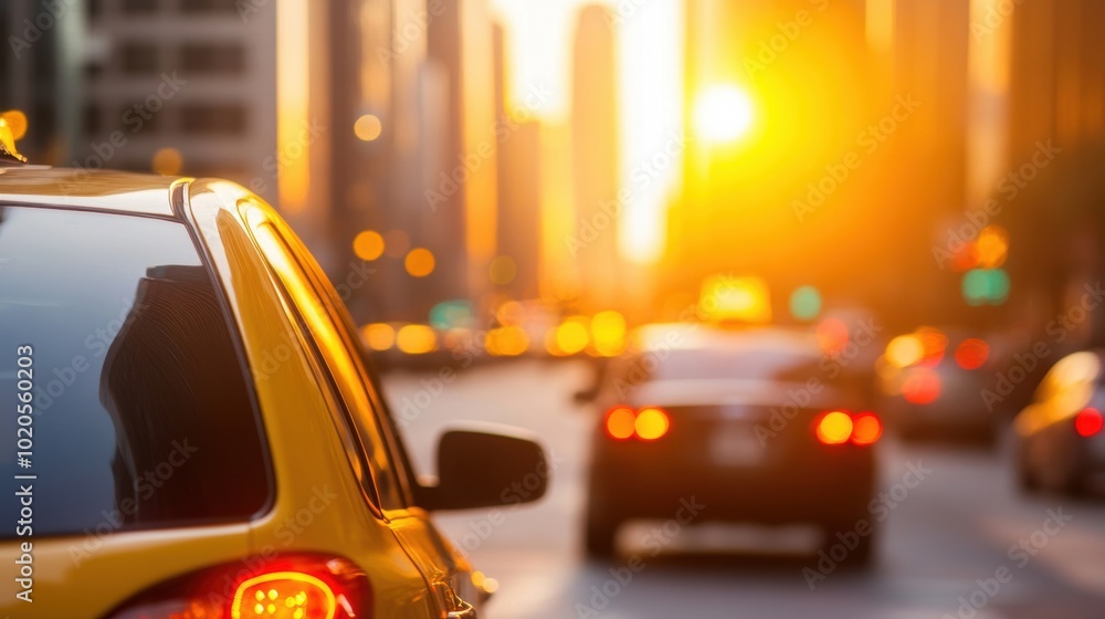 Vehicles travel along a bustling city street, illuminated by warm light from the setting sun in the evening sky Vehicles travel along a bustling city street, illuminated by warm light from the setting sun in the evening sky
