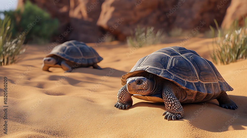 Obraz premium Two turtles crawling on sandy terrain in a desert landscape.