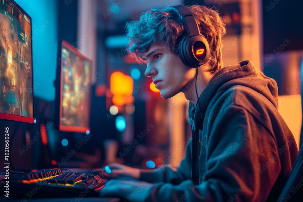Obraz premium Young people play generative AI-powered games on a gaming PC.