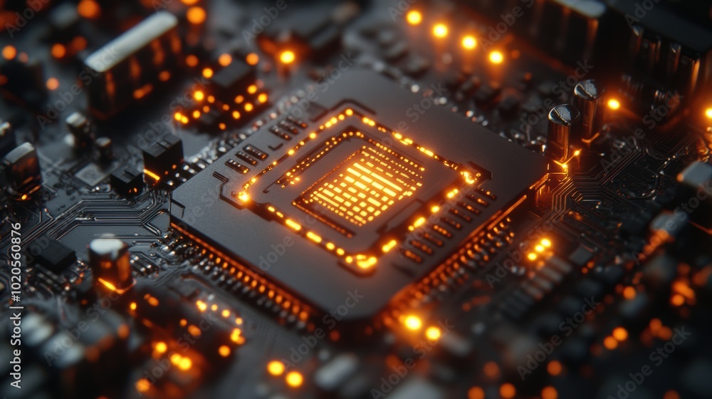 Close-up of glowing microchip on a circuit board, showing modern technology, electronic innovation, futuristic tech design, high-tech hardware, AI processing unit, cyber electronics, digital Close-up of glowing microchip on a circuit board, showing modern technology, electronic innovation, futuristic tech design, high-tech hardware, AI processing unit, cyber electronics, digital